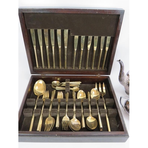 203 - A three piece silver plated coffee set, a boxed set of plated fish cutlery, a canteen of bronze cutl... 