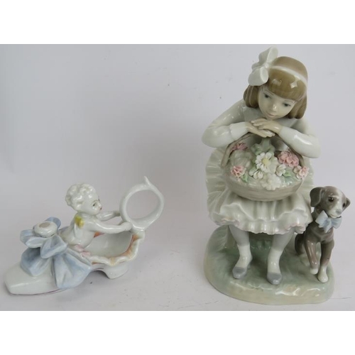 204 - A selection of decorative ceramics including a Capodimonte casket, Lladro figurine, Belleek vase, fi... 