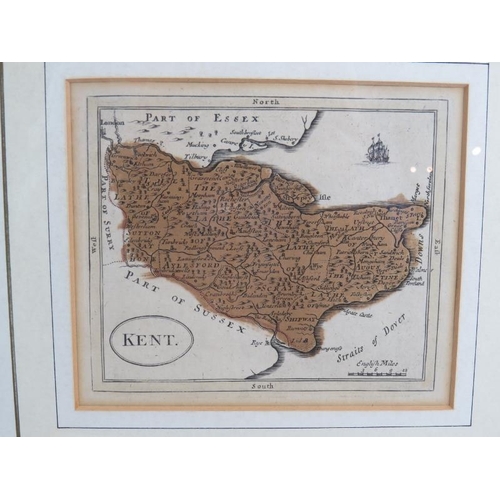 220 - A hand tinted 18th century 'Accurate Map of North American' by E Bowen, a small 18th map of Kent, a ... 