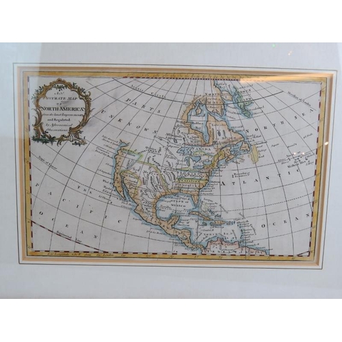 220 - A hand tinted 18th century 'Accurate Map of North American' by E Bowen, a small 18th map of Kent, a ... 