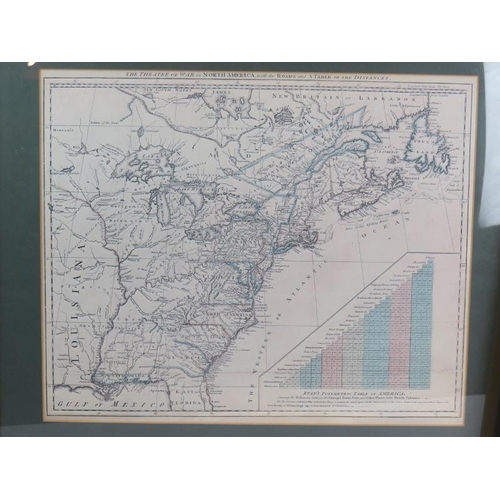 220 - A hand tinted 18th century 'Accurate Map of North American' by E Bowen, a small 18th map of Kent, a ... 