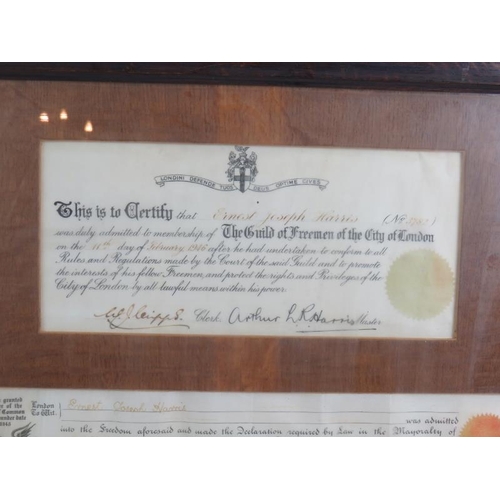 221 - A framed freedom of The City of London certificate made to Ernest Joseph Harris 1946. 52cm x 41cm.
C... 