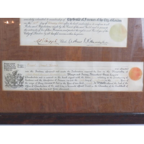 221 - A framed freedom of The City of London certificate made to Ernest Joseph Harris 1946. 52cm x 41cm.
C... 