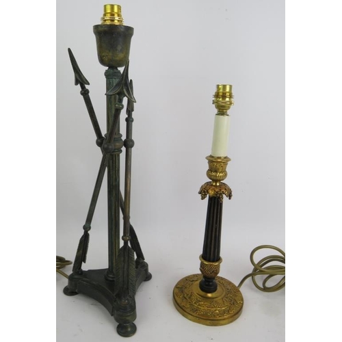 235 - Three contemporary table lamps of classical design including a tall obelisk, bronzed triple arrow an... 