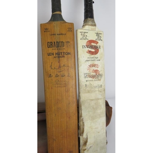 240 - A vintage cricket bag, four vintage cricket bats including a Len Hutton Gradidge bat, four cricket b... 