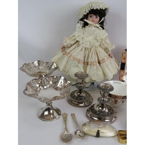 261 - A Colclough China part tea set, a pair of silver plated candlesticks, pair of plated bon bon dishes,... 