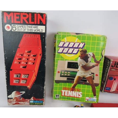 264 - A mixed lot of vintage games, including Bjorn Borg tennis, Merlin, Jet fighters, Meccano, Belisha ca... 