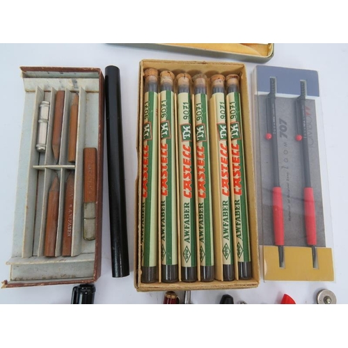 268 - A collection of vintage propelling pens, leads and a compass. Including a rolled gold Yard-o-led pen... 