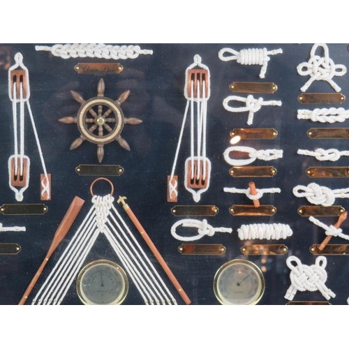 281 - A modern framed nautical montage of objects, including knots, ships parts.
Condition report: No issu... 