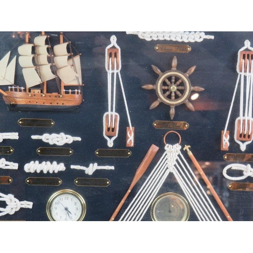 281 - A modern framed nautical montage of objects, including knots, ships parts.
Condition report: No issu... 