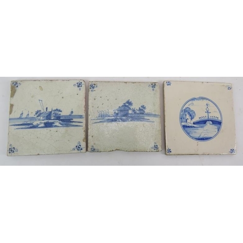 283 - Three 18th/19th century blue and white Delft tiles, an aesthetic movement pheasant design Josiah Wed... 