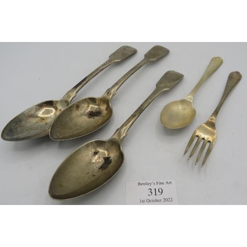 319 - A set of three Georgian silver dessert spoons, London 1818 and a silver christening knife & spoon se... 