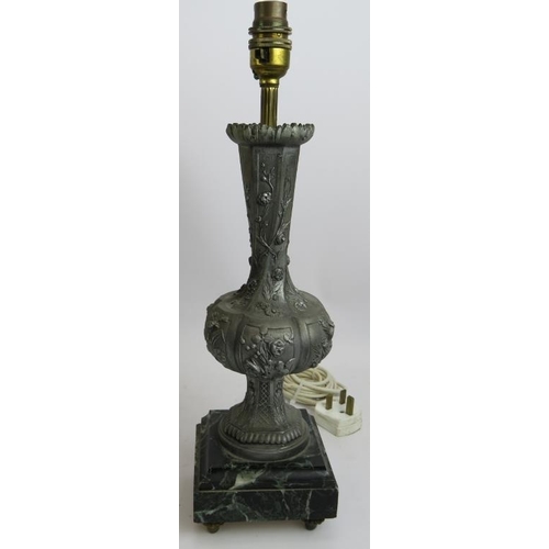 32 - A marble and gilt brass four arm table lamp with ram's head decoration, and a pair of cast pewter ur... 