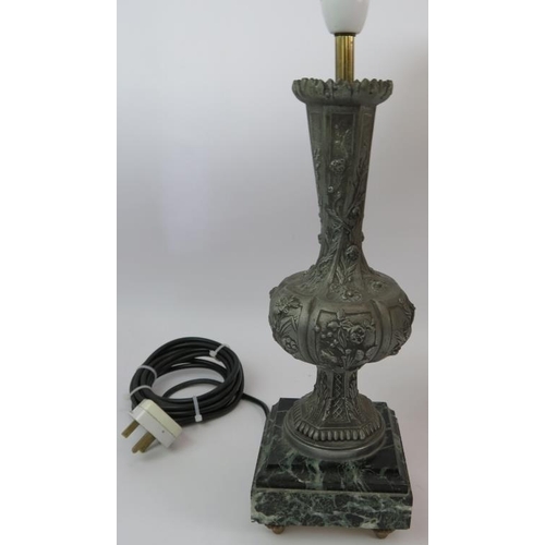 32 - A marble and gilt brass four arm table lamp with ram's head decoration, and a pair of cast pewter ur... 