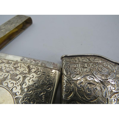 355 - An engraved silver card case with hinged lid. Birmingham 1899 and an engraved silver pocket card cas... 