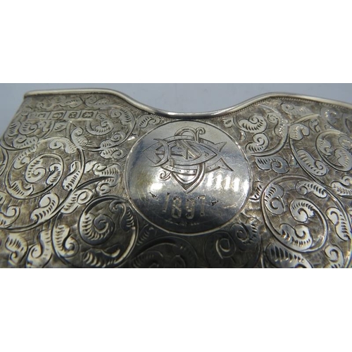 355 - An engraved silver card case with hinged lid. Birmingham 1899 and an engraved silver pocket card cas... 