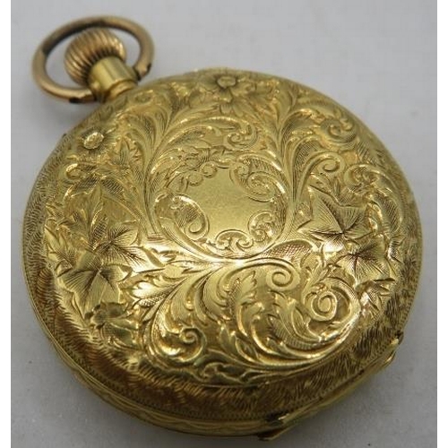 357 - An 18ct gold cased pocket watch with engraved decoration and central floral decoration on dial.
Cond... 