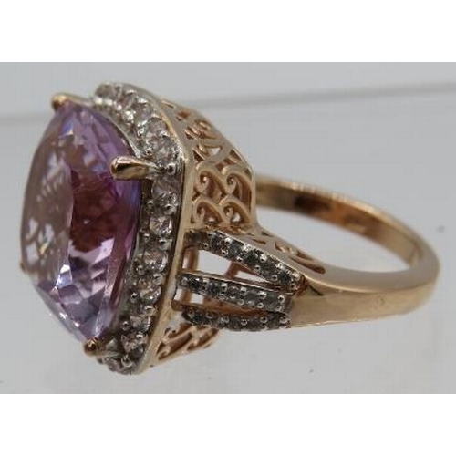 377 - Cushion cut Rose de France Amethyst statement ring. Size Q. Rose gold & sterling silver. Large overa... 