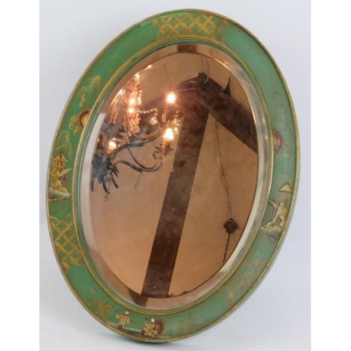 39 - A small Chinoiserie decorated easel mirror, c1930s. Bevelled glass, hand decorated frame 43cm x 32cm... 