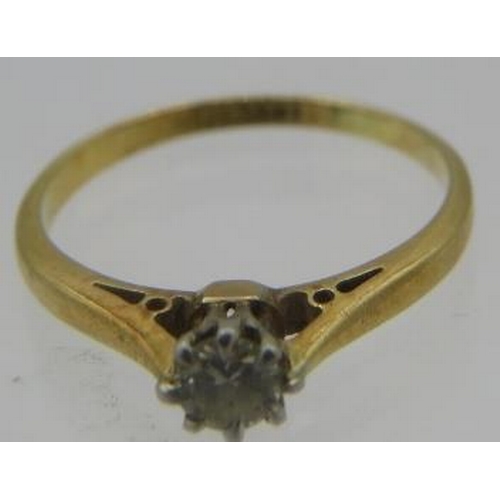 403 - A 10ct yellow gold single stone diamond ring. Approx: .2ct. 2 grams. Size K. Boxed.