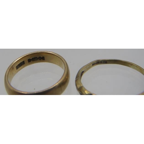 405 - A 9ct yellow gold wedding ring and a 9ct yellow gold ring set with 5 small diamonds. Size N.
Conditi... 