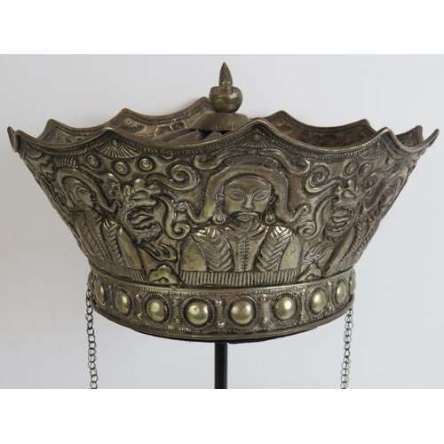 41 - A Chinese white metal ceremonial crown shaped hat with phoenix and dragon repousse decoration. Bespo... 