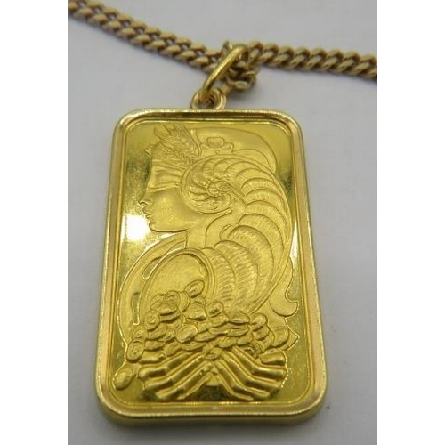 433 - A Swiss 'Lady Fortuna' 999.9 fine gold, one troy oz, gold bar on an 18ct gold link chain and 18ct go... 