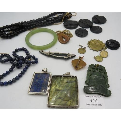 448 - An assortment of mainly vintage jewellery, to include a large labradorite pendant, a lapiz lazuli pe... 