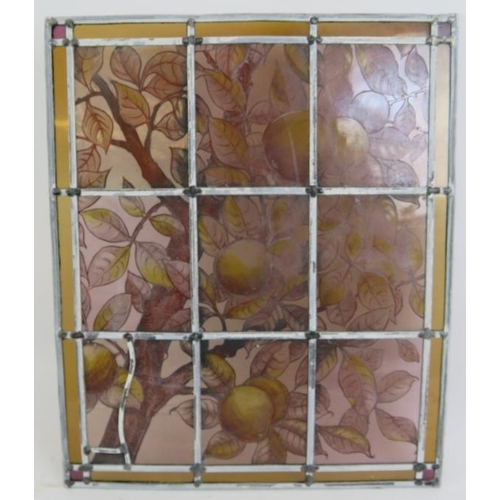 49 - An Arts and Crafts stained glass leaded panel hand decorated with apples in a tree. 40cm x 48cm.
Con... 