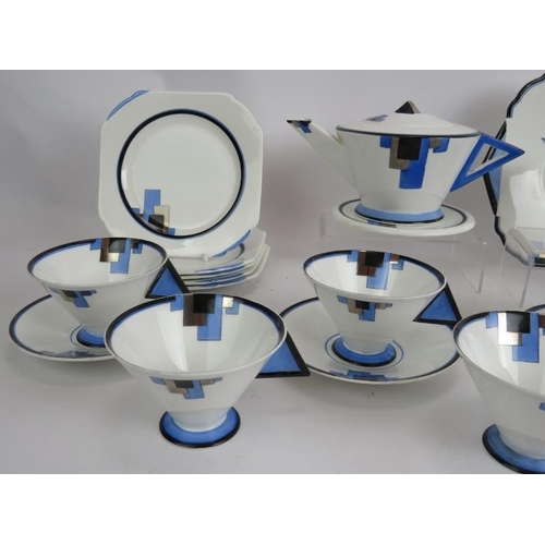 5 - A 19 piece Shelley blue block Art Deco tea set by Eric Slater, comprising tea pot and stand, jug, si... 