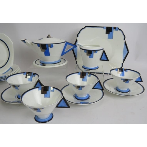 5 - A 19 piece Shelley blue block Art Deco tea set by Eric Slater, comprising tea pot and stand, jug, si... 