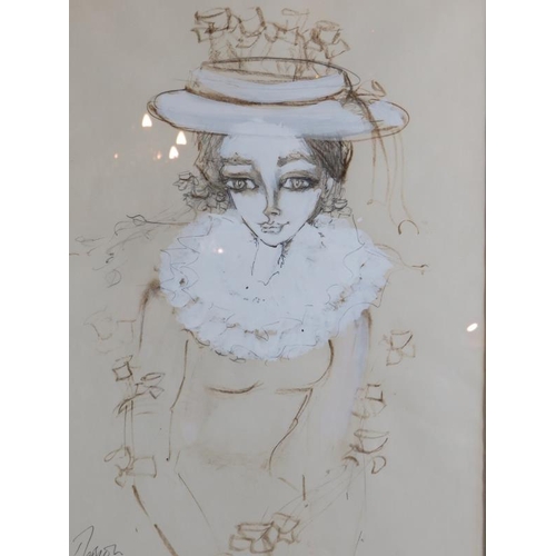 513 - French school (1983) - 'Young lady in a bonnet', chalk acrylic and pencil, indistinctly signed, date... 