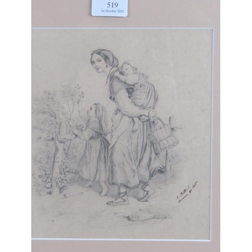 519 - E. Bolland (French, 19th century) - 'Study of a young mother and 2 children', pencil drawing, signed... 