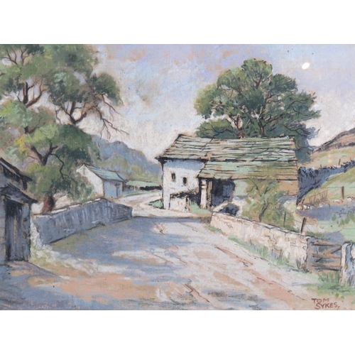 521 - Tom Sykes (20th century) - 'Rustic buildings in a rural landscape', pastel, signed, 22cm x 32cm, fra... 