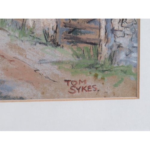 521 - Tom Sykes (20th century) - 'Rustic buildings in a rural landscape', pastel, signed, 22cm x 32cm, fra... 