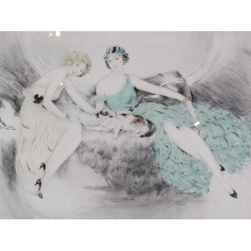 530 - Attributed to Louis Icart (French, 1888-1950) - 'Two elegant ladies with a cat', hand coloured etchi... 