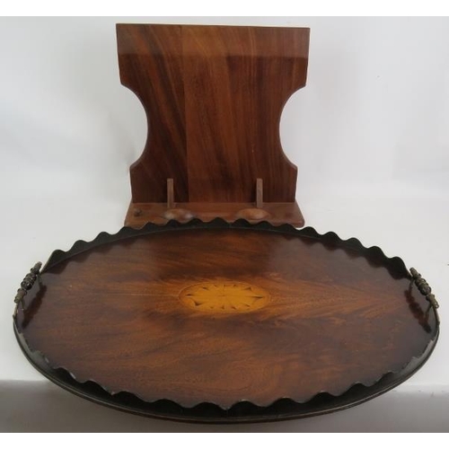 54 - An inlaid oval Edwardian gallery tray with bespoke Mahogany stand. Tray: 65cm x 45cm.
Condition repo... 