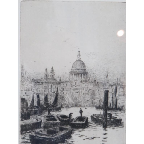 552 - Rowland Langmaid (1897-1956) - 'Thames river scene featuring St. Pauls and boats', pencil signed etc... 