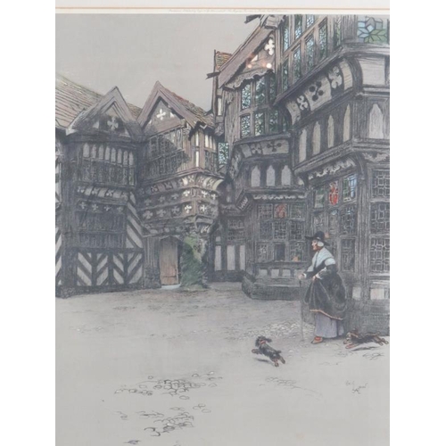 554 - Cecil Aldin (1870-1935) - Pencil signed print depicting a lady with 2 dogs outside an old timbered b... 