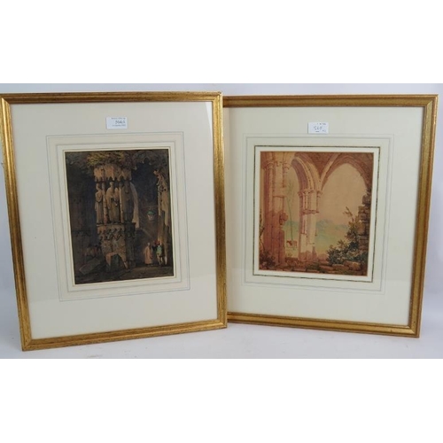 564 - Two 19th century watercolours depicting ecclesiastic architecture, 25cm x 19cm and 24cm x 22cm, both... 