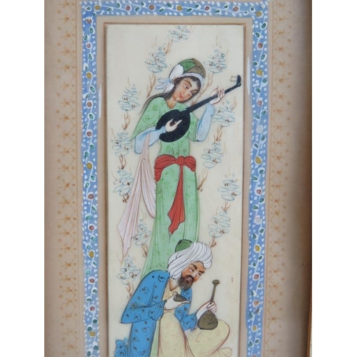 568 - Indian School - a hand painted tablet depicting musicians, 14cm x 5cm, inset multi-wood and bone inl... 