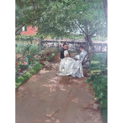 574 - James Kerr Lawson (1865-1939) - 'Two ladies sat in a garden', oil on canvas, signed, 50cm x 40cm, fr... 