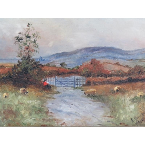 577 - A. Downes (1915) - 'Rural landscape with sheep', oil on panel, signed and dated, 19cm x 24cm, framed... 