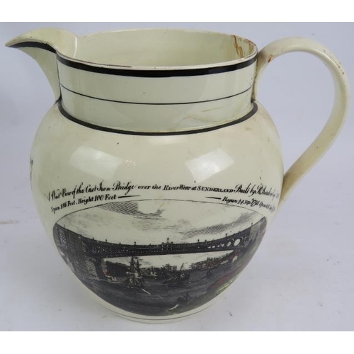 58 - An early 19th century Sunderland Bridge pottery jug with masonic arms decoration, an aesthetic movem... 