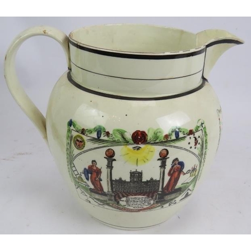 58 - An early 19th century Sunderland Bridge pottery jug with masonic arms decoration, an aesthetic movem... 