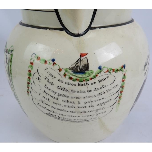 58 - An early 19th century Sunderland Bridge pottery jug with masonic arms decoration, an aesthetic movem... 