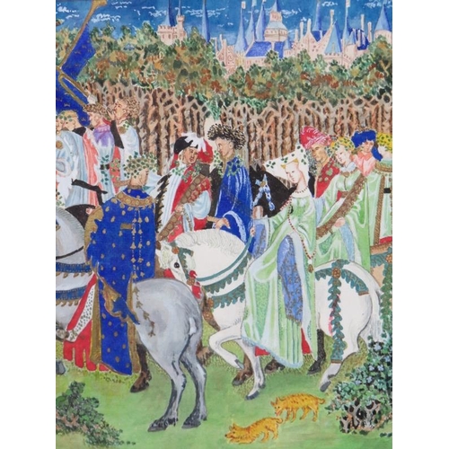 581 - French School (20th century) - 'Medieval Procession', watercolour, indistinctly signed (Possibly E. ... 