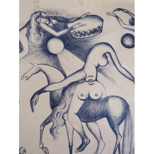 591 - Surrealist School (20th century) - 'Naked figures flying above a deformed body on horseback beside s... 