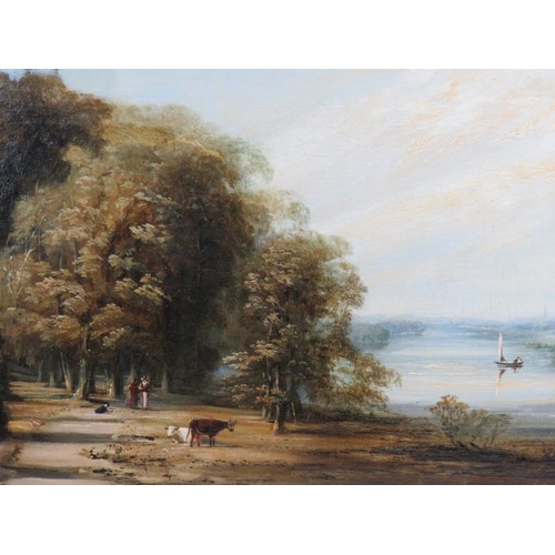 593 - Attributed to W. Webster (19th century) - 'River landscape', oil on canvas, bears name plaque to fra... 