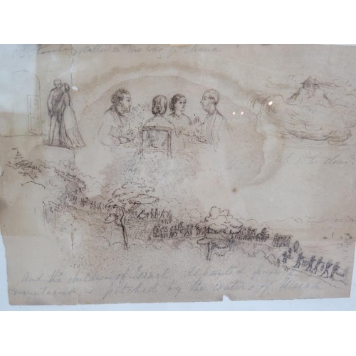 595 - British School (19th century) - Three ink sketches in two frames, depicting an expedition, interior ... 